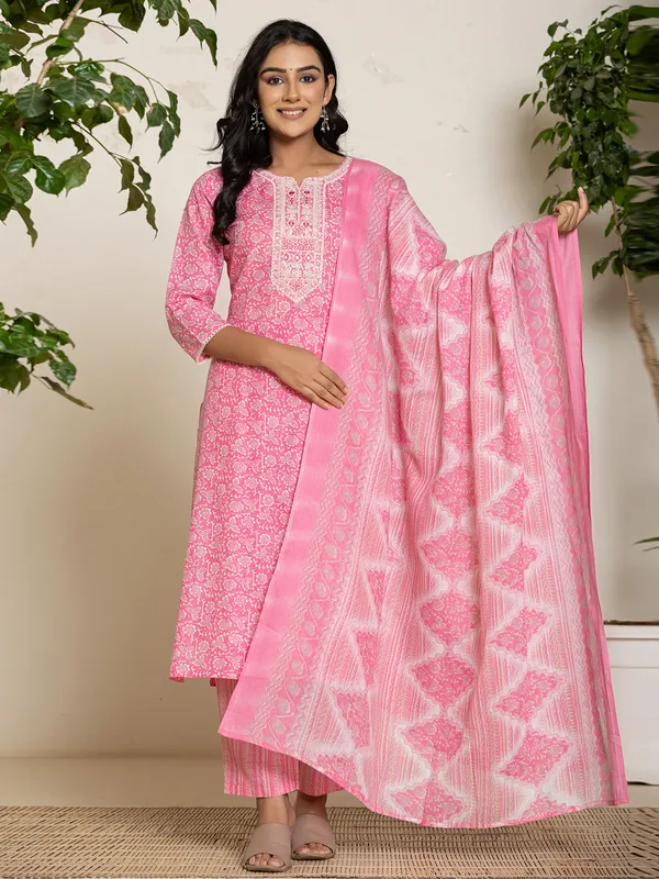 Classy bright pink printed georgette kurti set