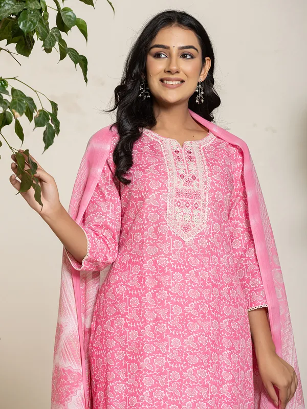 Classy bright pink printed georgette kurti set