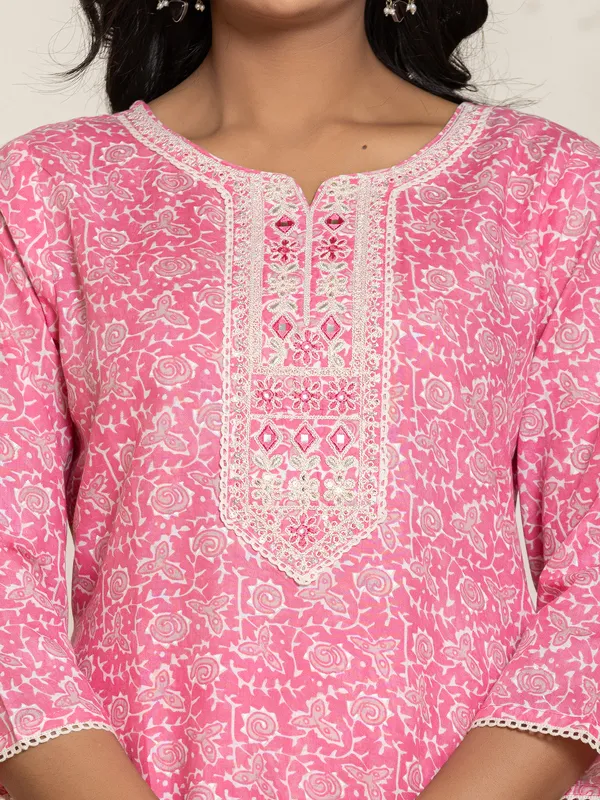 Classy bright pink printed georgette kurti set