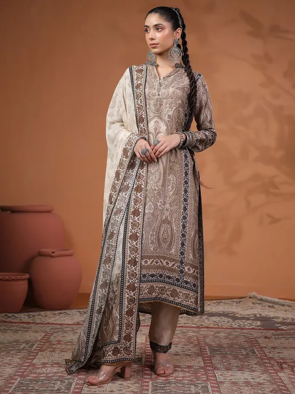 Classy brown printed silk kurti set