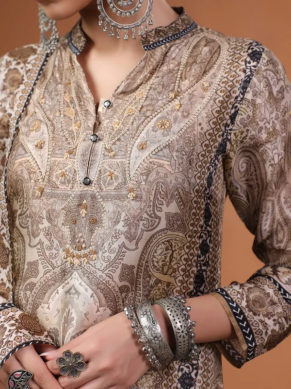 Classy brown printed silk kurti set