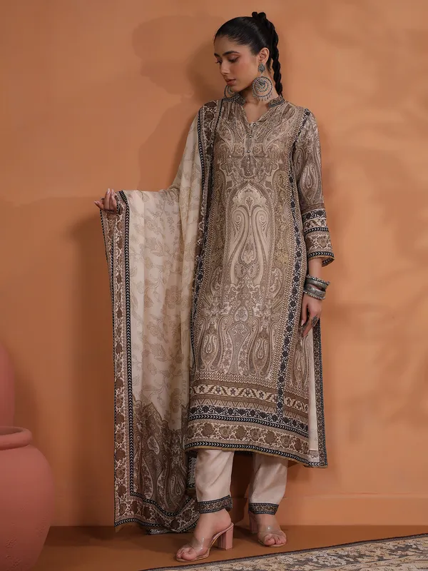 Classy brown printed silk kurti set