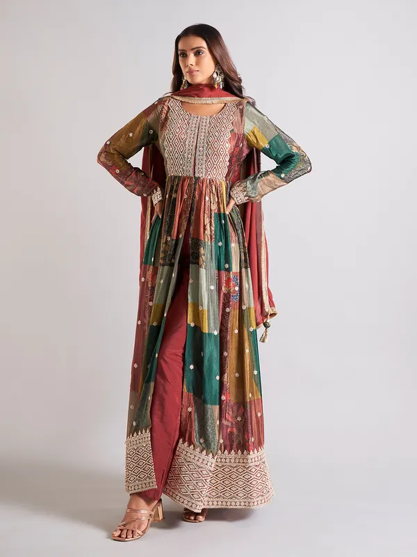 Classy brown printed silk salwar suit