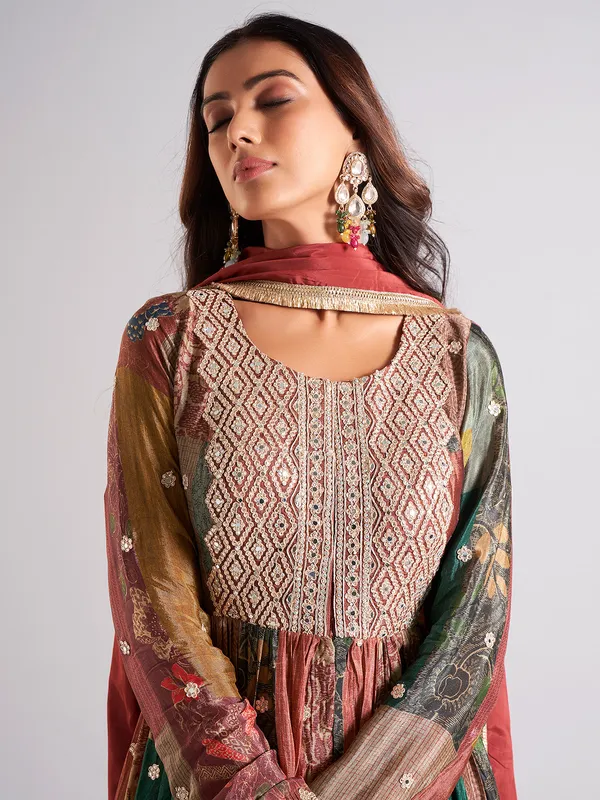 Classy brown printed silk salwar suit