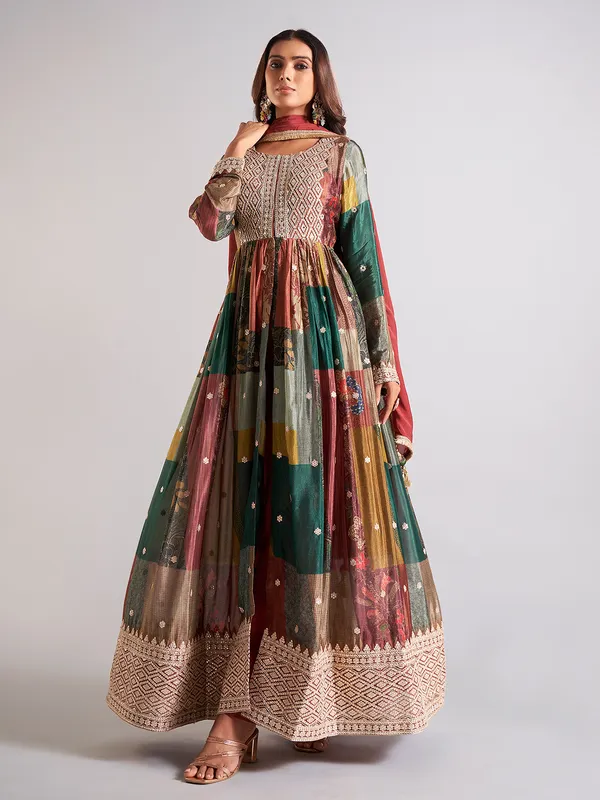 Classy brown printed silk salwar suit