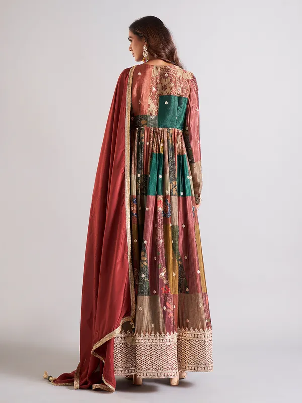 Classy brown printed silk salwar suit