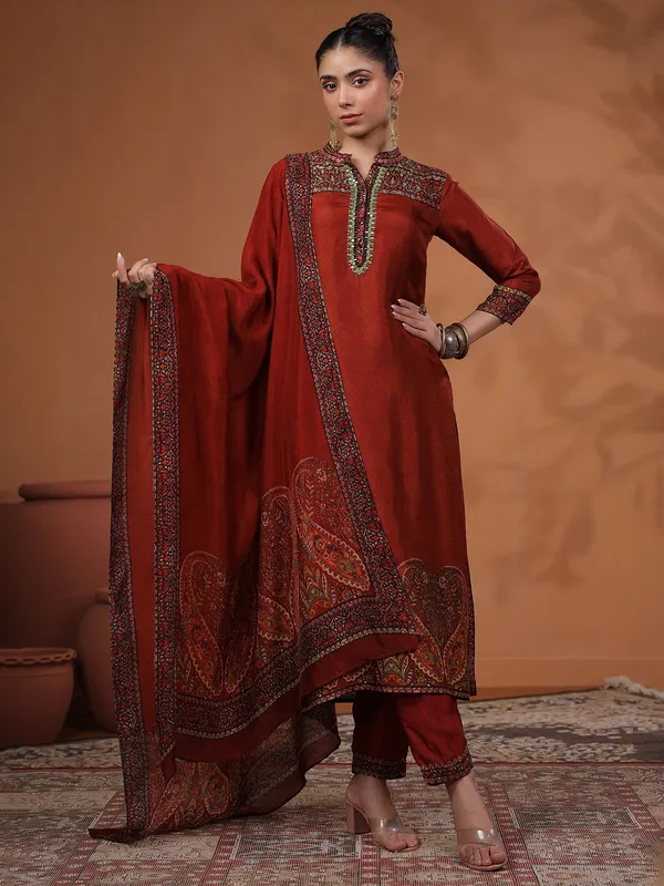 Classy brown silk printed kurti set