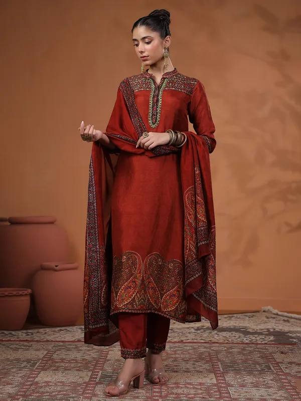 Classy brown silk printed kurti set