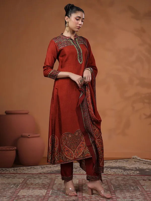 Classy brown silk printed kurti set
