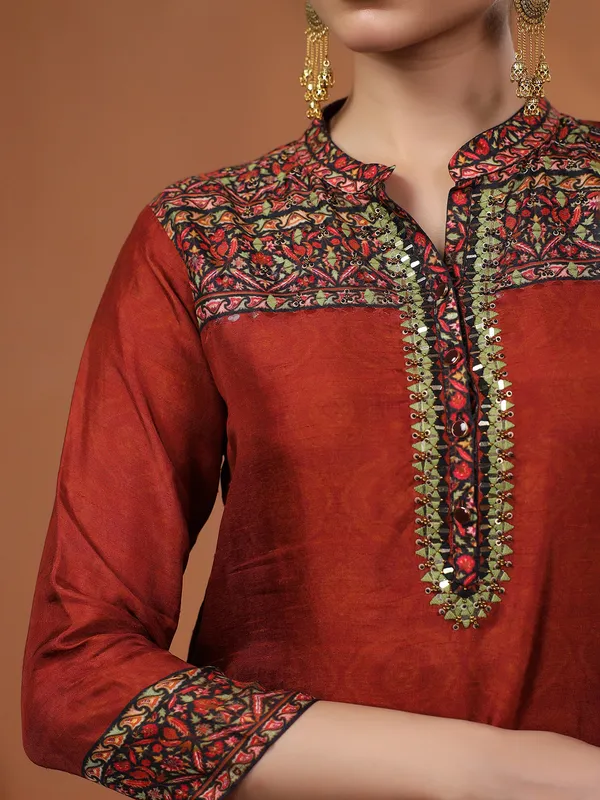 Classy brown silk printed kurti set