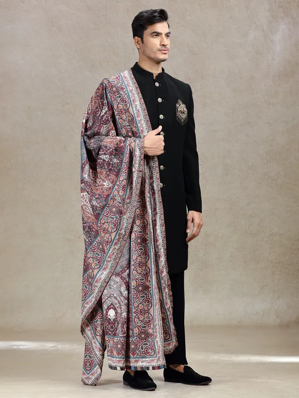Classy charming black sherwani with pashmina dupatta
