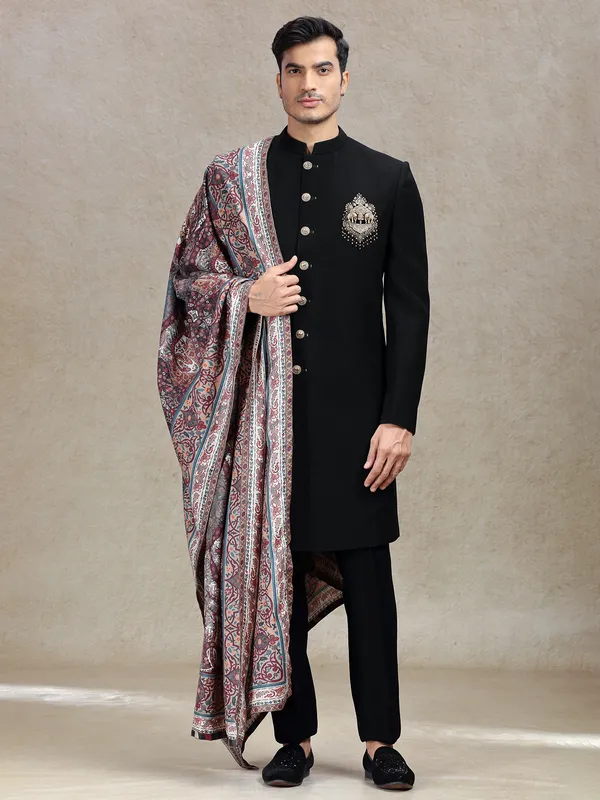 Classy charming black sherwani with pashmina dupatta
