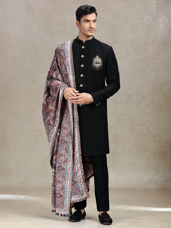 Classy charming black sherwani with pashmina dupatta