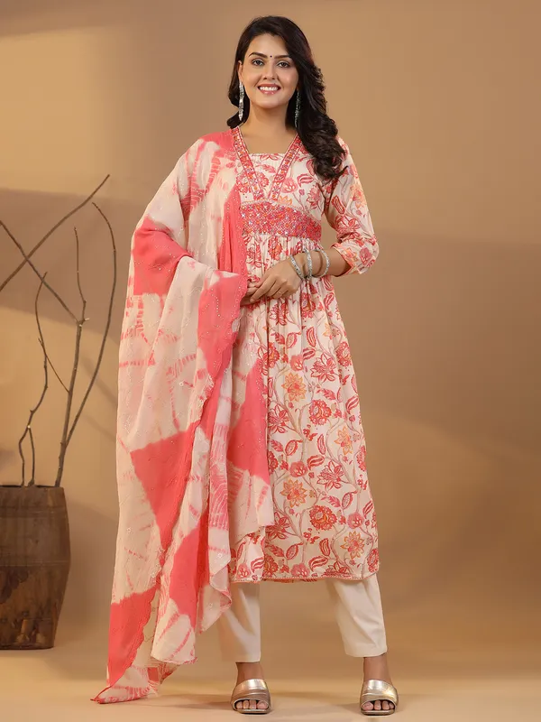 Classy coral pink cotton printed kurti set