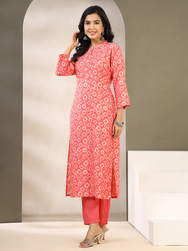 Classy coral pink printed kurti set in cotton