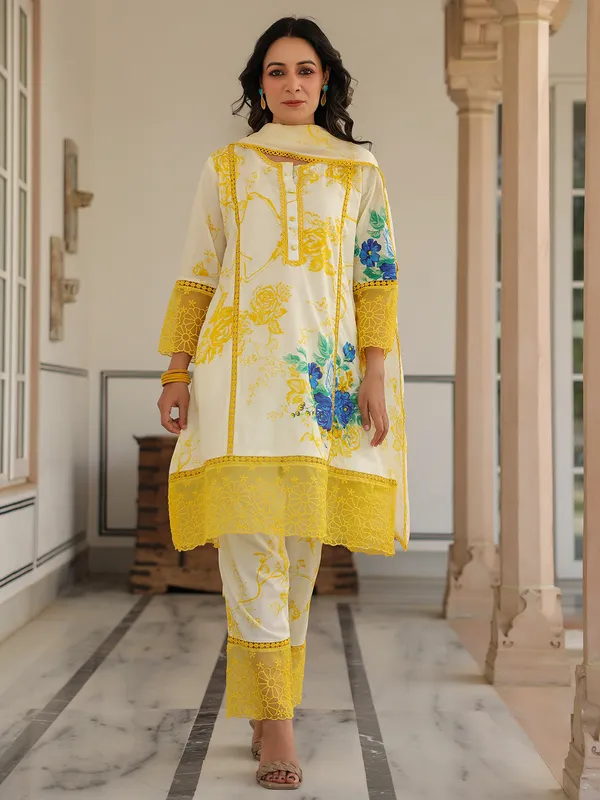 Classy cream and yellow printed silk kurti set