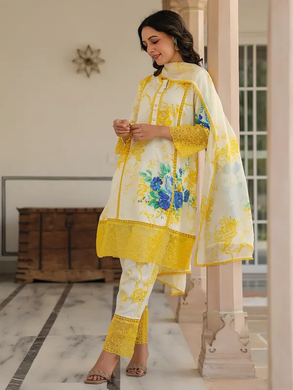 Classy cream and yellow printed silk kurti set