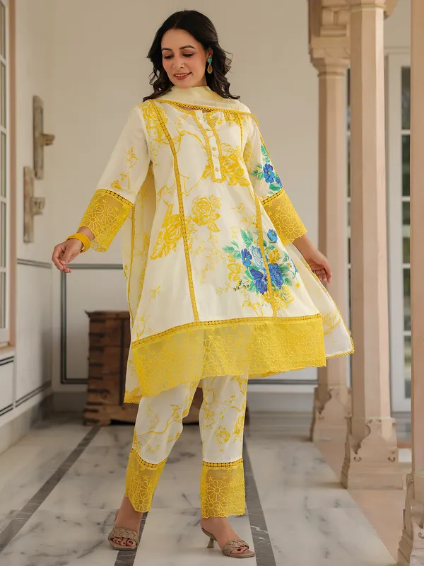 Classy cream and yellow printed silk kurti set