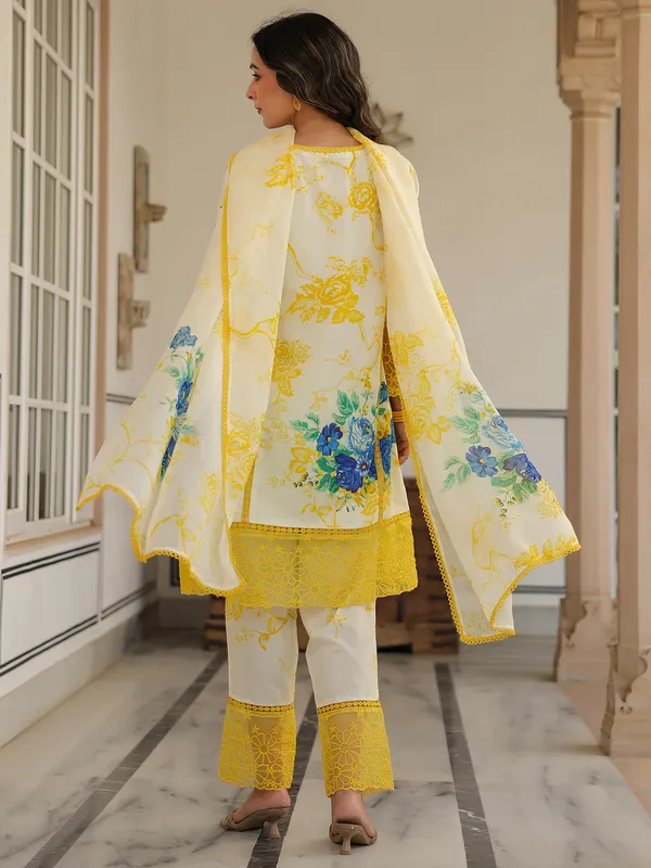 Classy cream and yellow printed silk kurti set