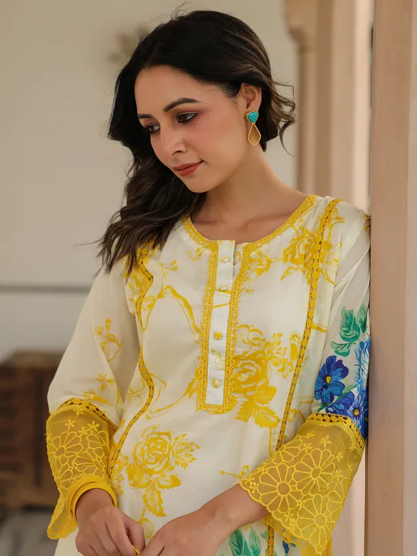 Classy cream and yellow printed silk kurti set