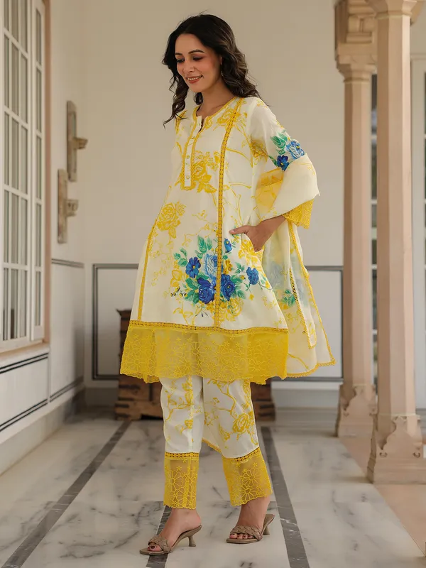 Classy cream and yellow printed silk kurti set