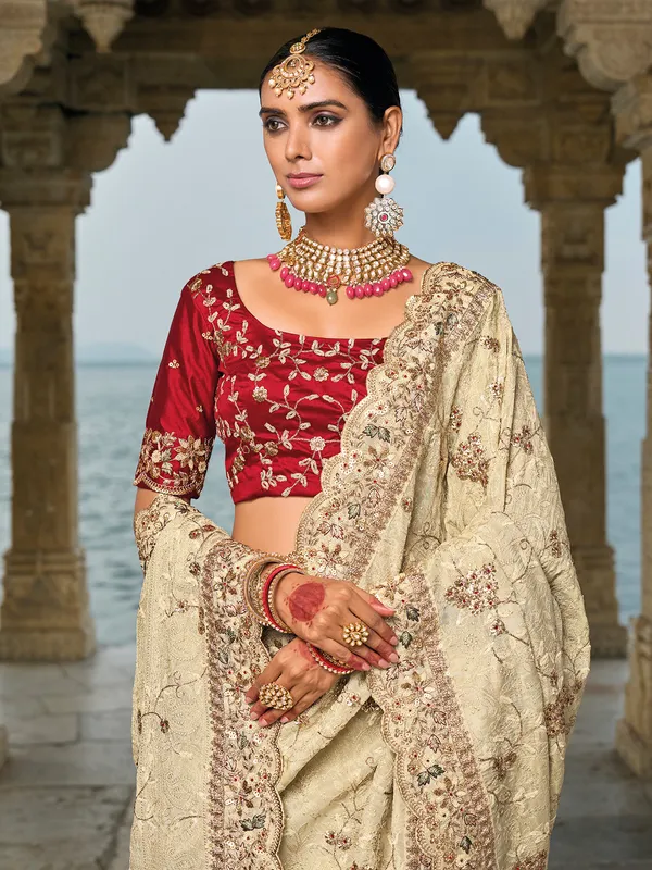 Classy cream banarasi silk saree for festive