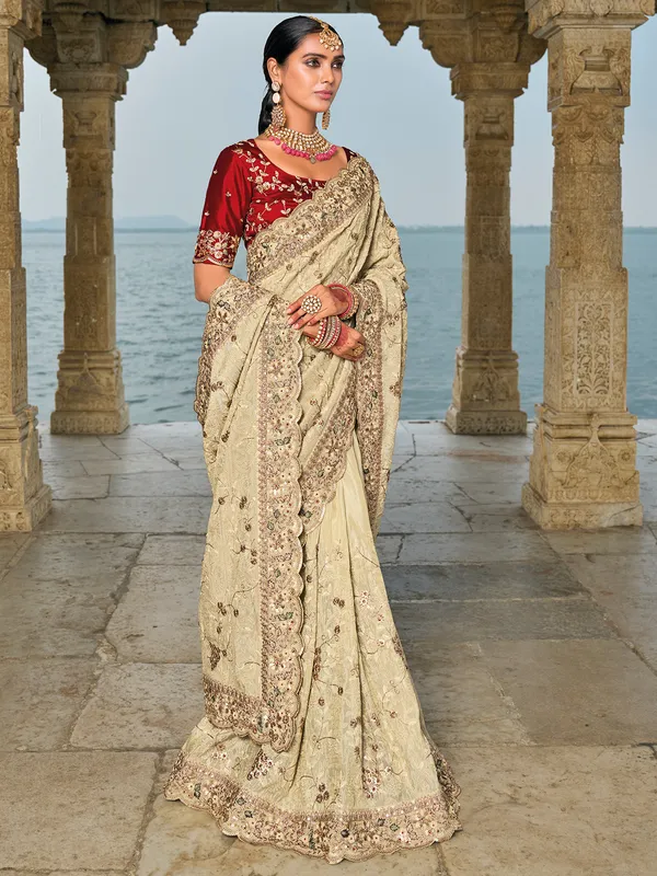 Classy cream banarasi silk saree for festive