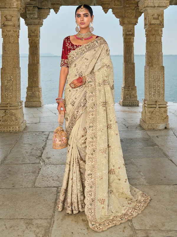 Classy cream banarasi silk saree for festive