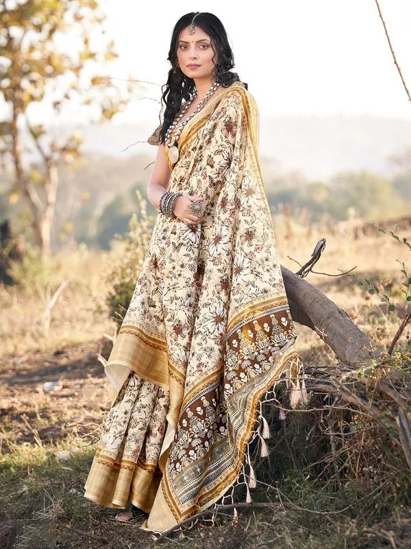 Classy cream printed cotton saree