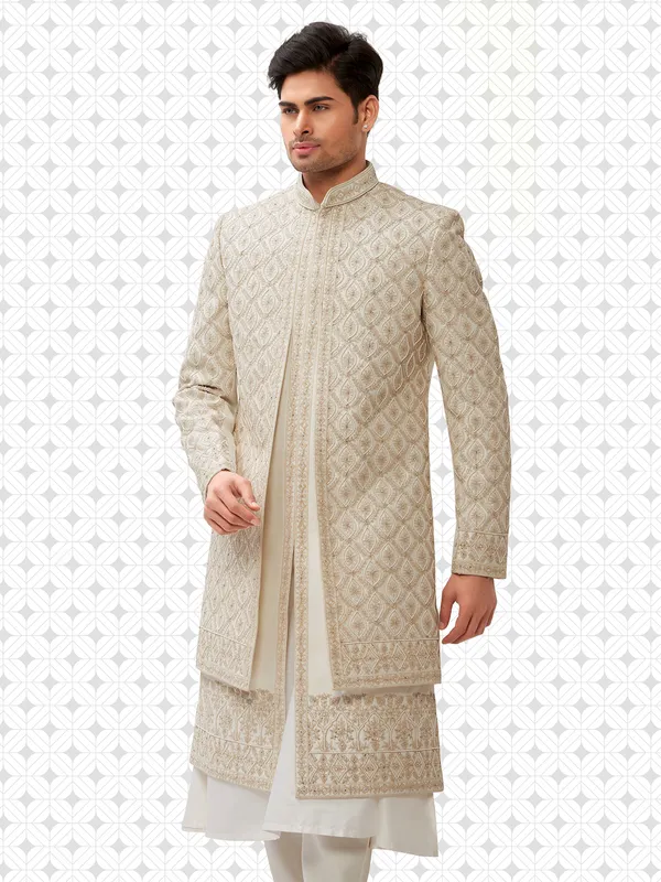 Classy cream terry rayon peshwai sherwani