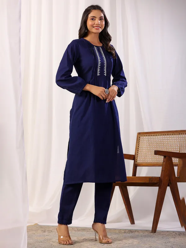 Classy dark blue kurti set in cotton