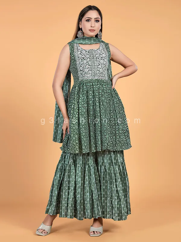 Classy dark green cotton sharara suit for casual