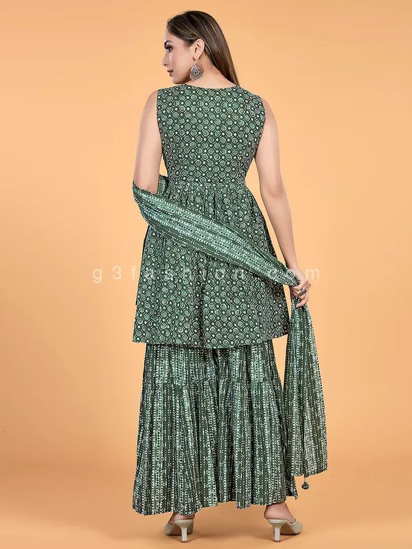 Classy dark green cotton sharara suit for casual