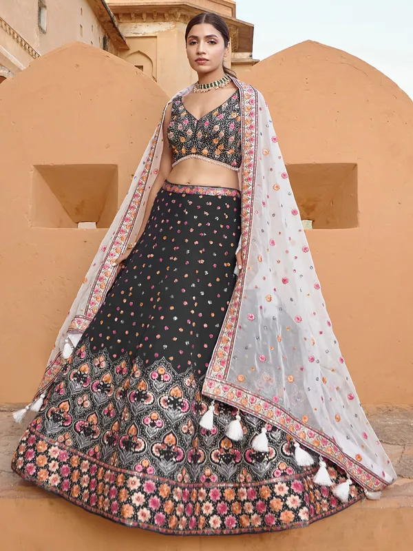 Classy dark grey georgette lehenga choli