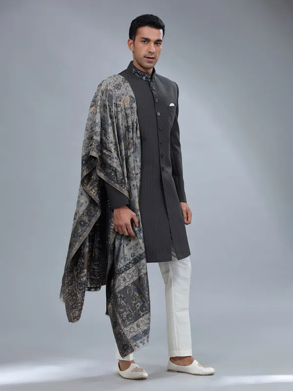Classy dark grey terry rayon sherwani for men