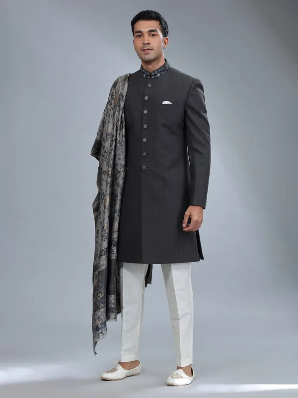 Classy dark grey terry rayon sherwani for men