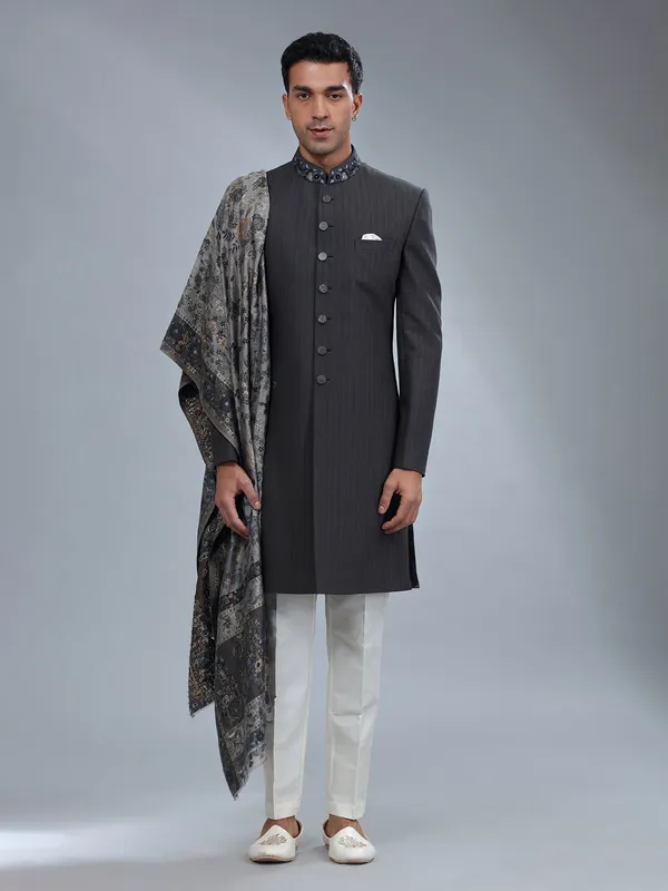 Classy dark grey terry rayon sherwani for men
