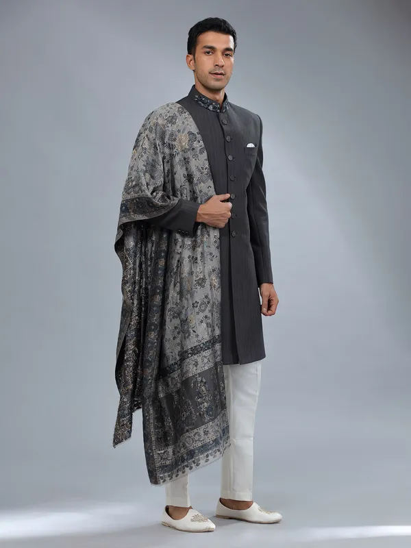 Classy dark grey terry rayon sherwani for men