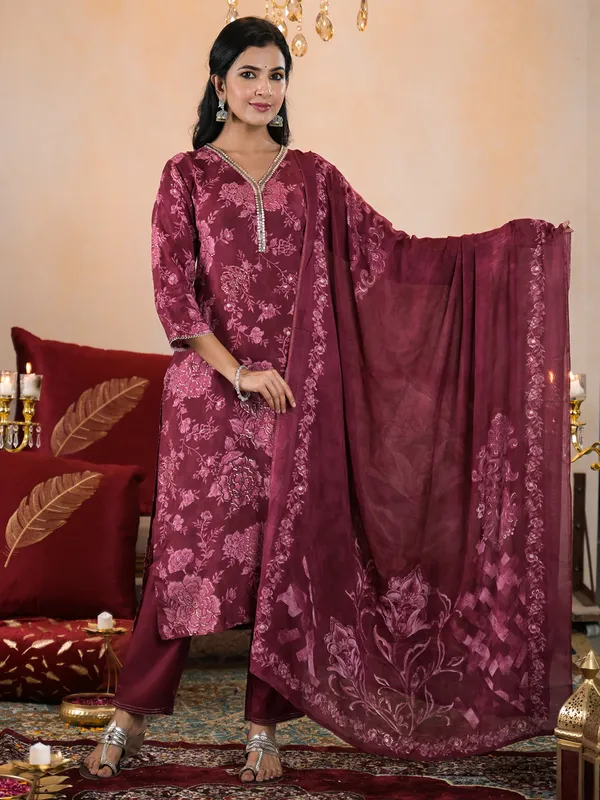 Classy dark magenta printed silk kurti set