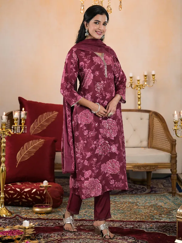 Classy dark magenta printed silk kurti set