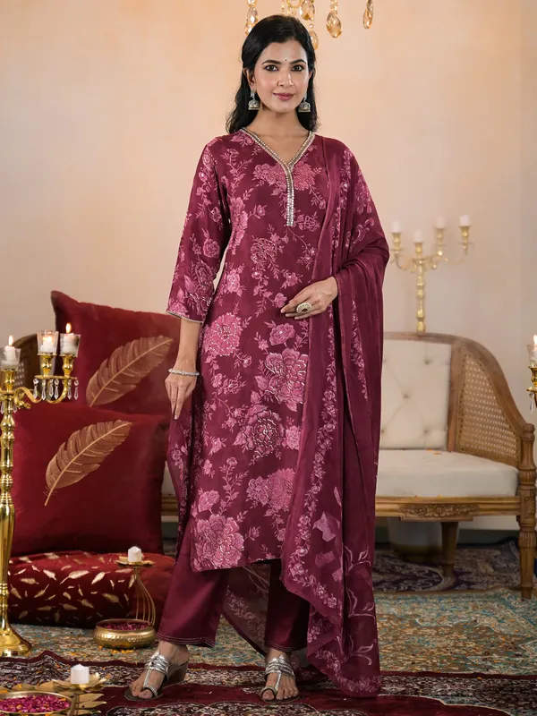 Classy dark magenta printed silk kurti set