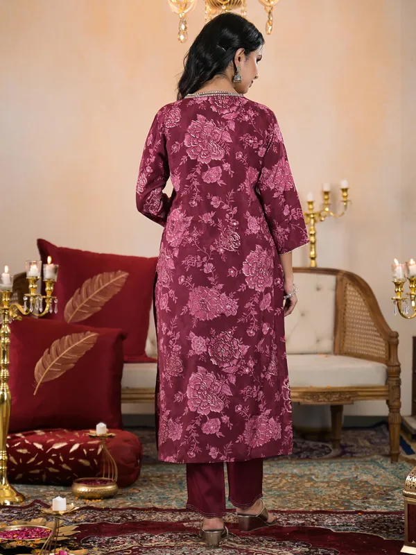 Classy dark magenta printed silk kurti set