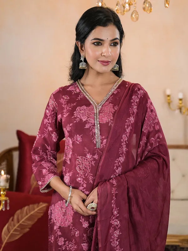 Classy dark magenta printed silk kurti set