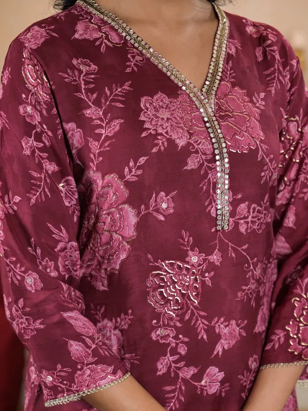 Classy dark magenta printed silk kurti set