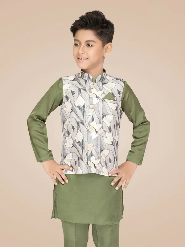 Classy green printed waistcoat set
