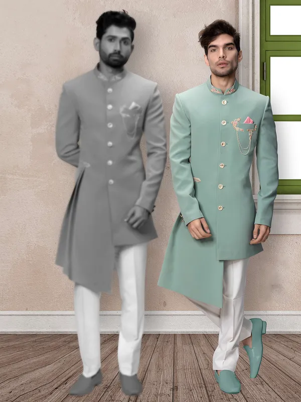 Classy green terry rayon mens indo western
