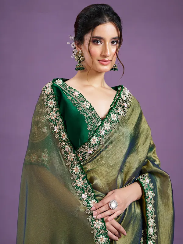 Classy green tissue silk saree for wedding