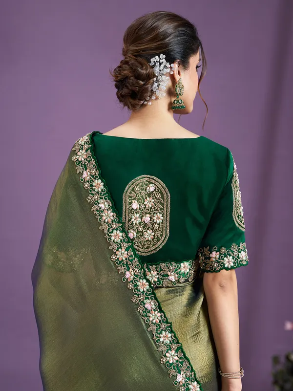 Classy green tissue silk saree for wedding