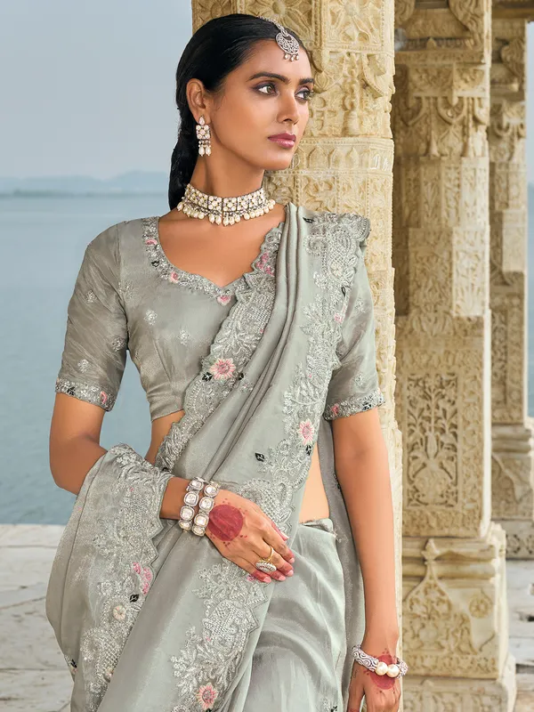 Classy grey banarasi silk saree for festive