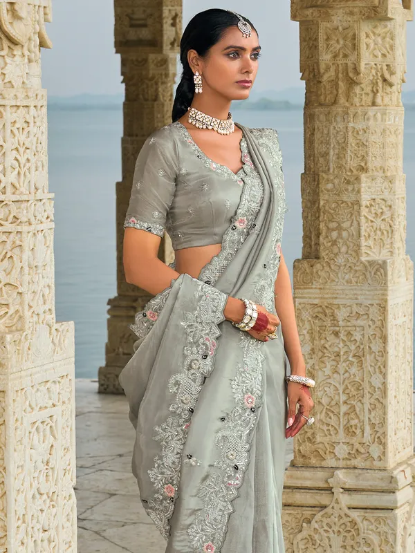 Classy grey banarasi silk saree for festive